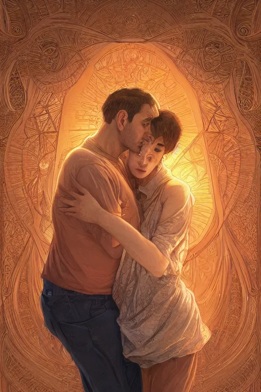 Image similar to portrait of a man in tin - foil hat and orange t - shirt hugging his wife in a bed, feelings, romantic, fantasy, intricate, elegant, highly detailed, digital painting, artstation, concept art, smooth, sharp focus, illustration, art by artgerm and greg rutkowski and alphonse mucha