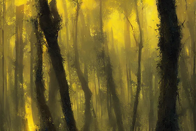 Prompt: forest of blue spaghetti under a yellow sky, by greg rutkowski