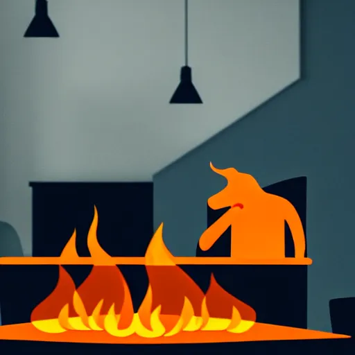 Image similar to an orange humanlike dog in his house, sitting at his table, a coffee on the table, surrounded by flames and fire, smoke above him