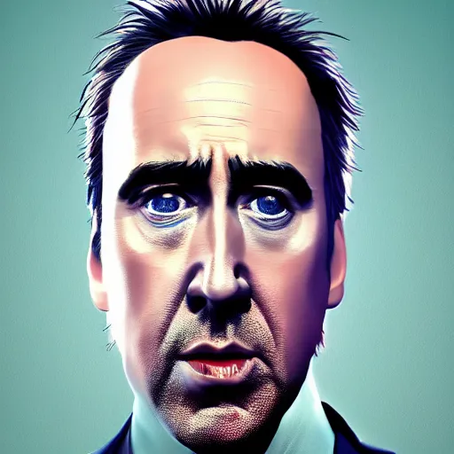 Prompt: nicholas cage, a fine art painting, Patrick Brown, trending on cgsociety, artstation, american realism, 2d game art, photo illustration, daz3d, official art,