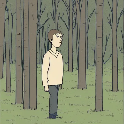 Prompt: boy in the woods by adrian tomine