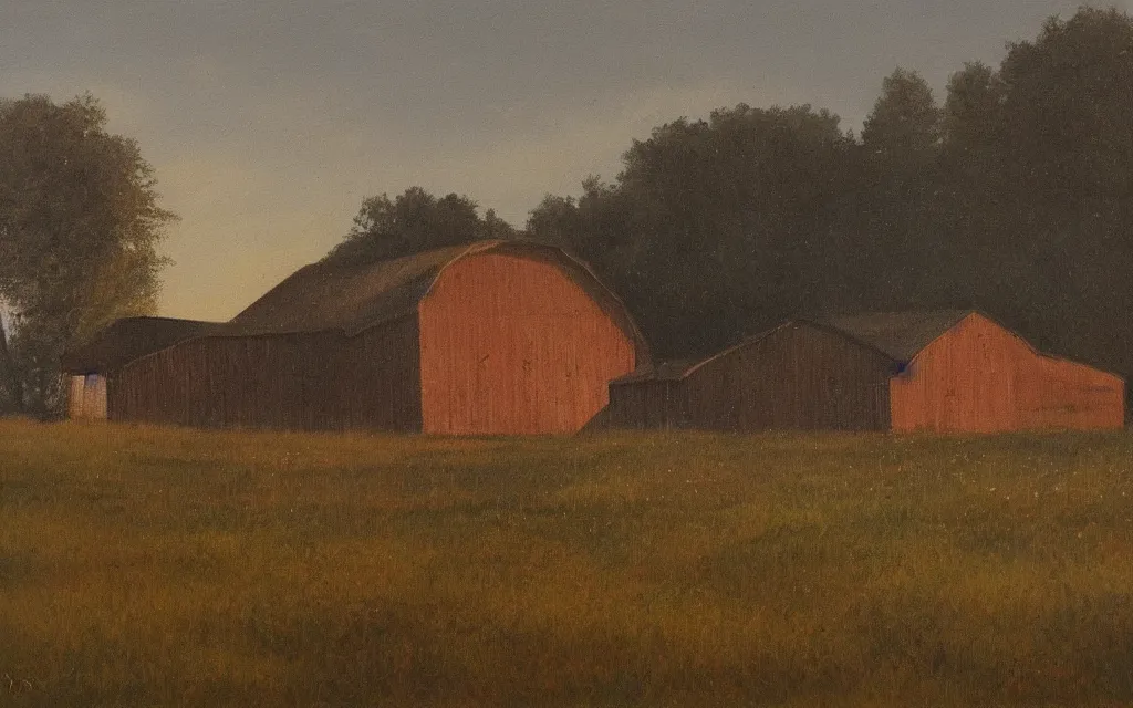 Image similar to a painting of an old haunted empty barn in summer evening, by peteris kalve, oil on canvas