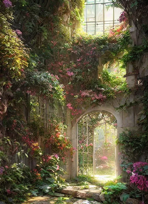 Prompt: secret garden, realistic, ornamental, art by Artgerm and Greg Rutkowski and WLOP