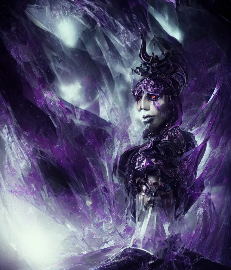 Image similar to impressive ominous front!! shot photo of a court jester character fine portrait fine portrait mesmerizing fractal hyper cubes platinum cracked dark future hyper dimensional space galactic crystal nebula edges elegant detailed intricate concept artstation sharp focus ray tracing cinematic masterpiece temporal corruption beeple wlop germ 8 4 k scifi glossy hyper realistic illustration canon eos r 3 fujifilm x - t 3 0 sony alpha a 6 6 0 0