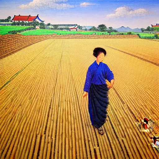 Prompt: cat farmer, walking in the wheat field, nature landscape on the background, fenghua zhong, sharp deep, oil art