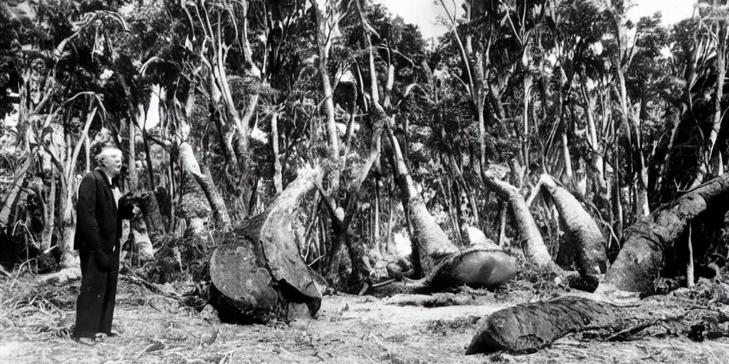 Prompt: david attenborough interviewing men cutting down extremely large kauri trees. great barrier island, new zealand. 1 9 5 0 s tv show. beach with large boulders in background. nikau palms.