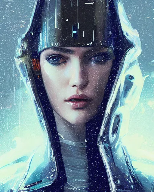 Prompt: detailed European Pretty Young Girl Storm Rain bladerunner movie Jacket coat, Futuristic sci-fi fashion, royal attire, low-emission-neon by ismail inceoglu dragan bibin hans thoma greg rutkowski Alexandros Pyromallis Nekro Rene Margitte illustrated Perfect face, fine details, realistic shaded, fine-face, pretty face