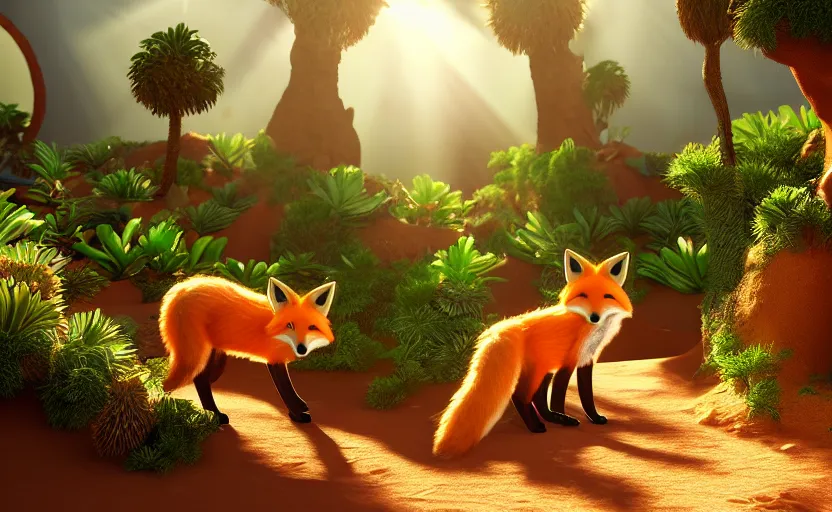 Prompt: a fox in a dessert oasis. daylight. sunlight. lens flare. light fixtures. apunkalypse. 8K. detailed. photorealism. artstation. 35mm. ultra realistic