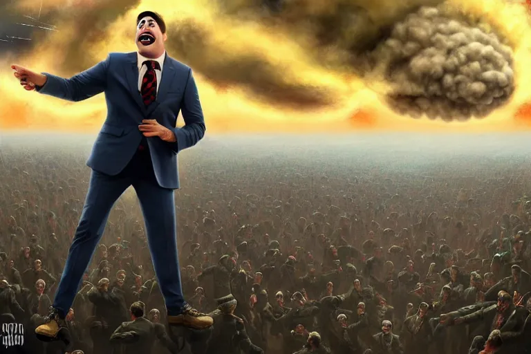 Image similar to a Comedian in suit and tie performing in a battle field with smiling dead bodies on the ground, nuclear cloud in far horizon, comedian is funny, performing to dead soldiers, apocalypse, trending on artstation, artstationHD, hyperdetailed matte painting, highly detailed, digital painting