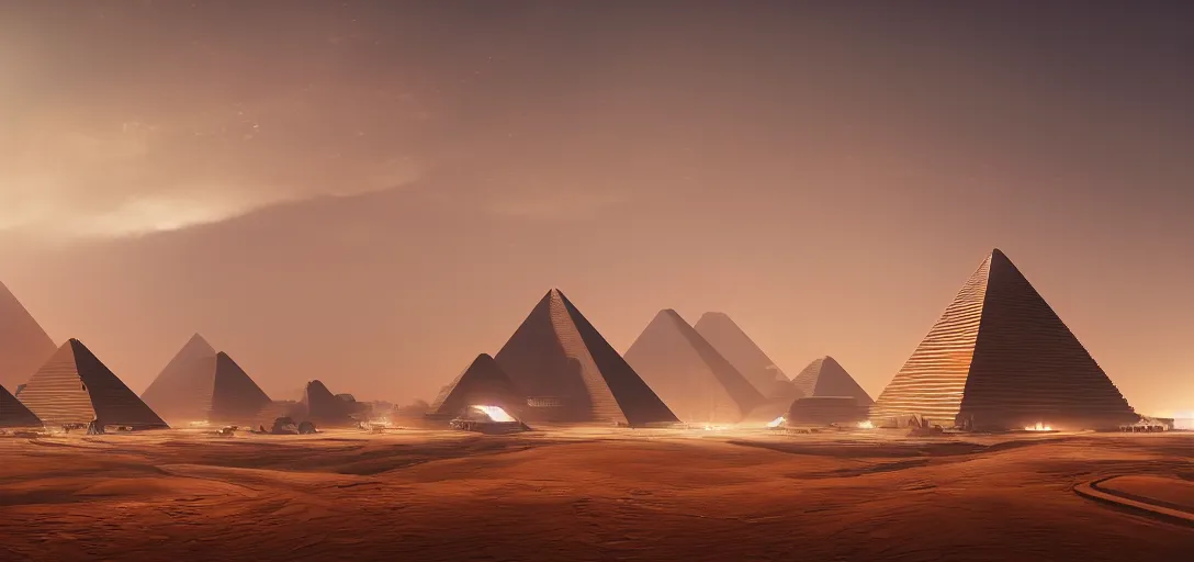 Image similar to view from the desert ground of futuristic blade runner pyramids architecture, light rays, symmetry, cinematic lighting, ultra detailed, sharp, ambient occlusion, bloom, raytracing, by greg rutowski, paul chaidesson and jessica rossier