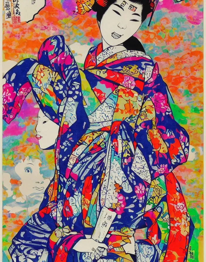 Prompt: ink on paper, a portrait of a geisha wearing a colorful kimono with graffiti tags in front of a tokyo subway, by goyo hashiguchi!!, colorful, xray melting colors!!