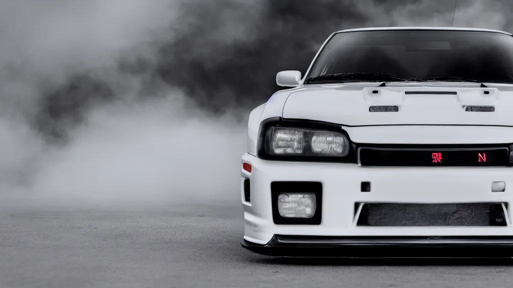 Image similar to a 1 9 9 4 black nissan skyline gt - r v - spec ii, cinematic, nikon d 7 5 0, long exposure, white balance, 8 k, led, lumen global illumination, fog, ray tracing reflections, fxaa, rtx, post - production