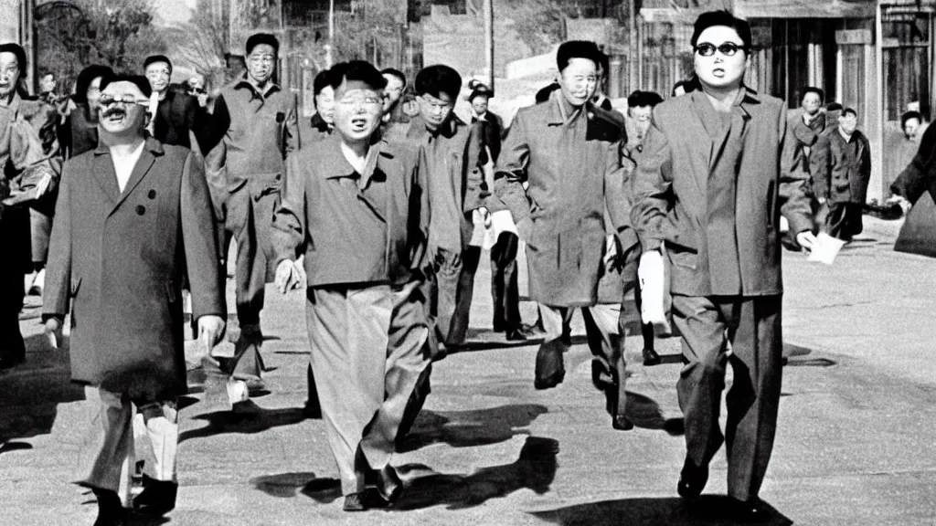 Image similar to kim jong - il walking in 1 9 6 0 s pyongyang, film noir thriller in the style of orson welles and andrei tarkovski