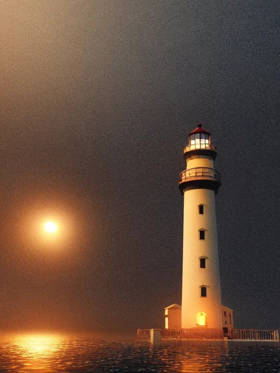 Image similar to photo of 8k ultra realistic lighthouse on island, heavy rain, night, light shining, heavy seas, full of colour, cinematic lighting, battered, trending on artstation, 4k, hyperrealistic, focused, extreme details,unreal engine 5, cinematic, masterpiece, art by studio ghibli