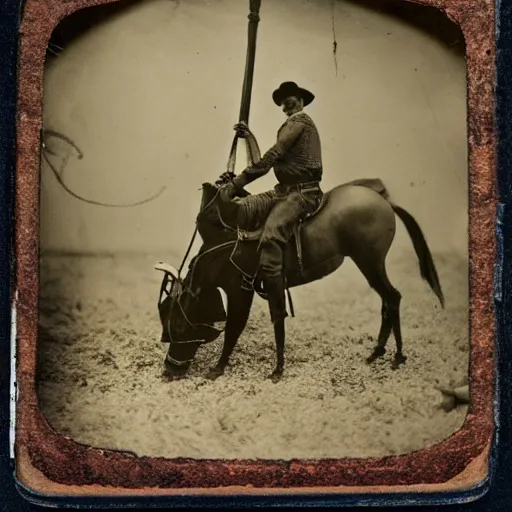 Image similar to tintype photo, bottom of the ocean, cowboy riding squid