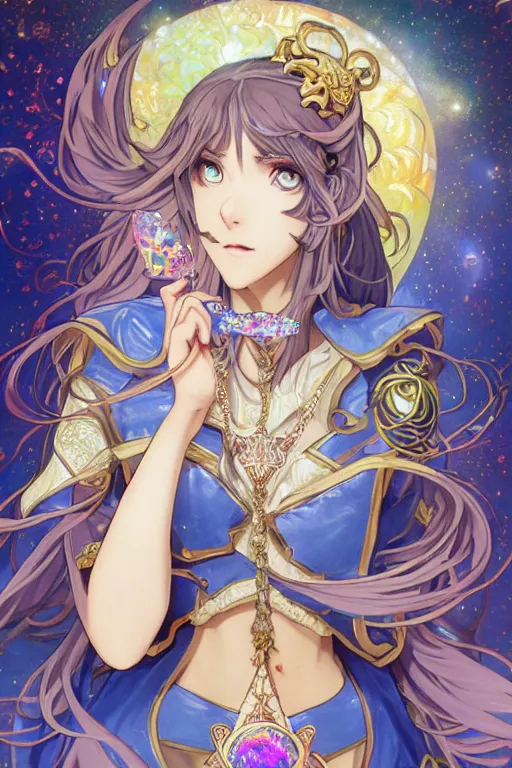 Prompt: psychedelic, intricate, highly detailed, anime, 4k, beautiful seductive lucina from fire emblem holding a crystal containing the universe, with professional makeup, long trippy hair, surrounded by gems, underneath the stars, trending on patreon, deviantart, twitter, artstation, volumetric lighting, heavy contrast, by artgerm and Ilya Kuvshinov and alphonse mucha