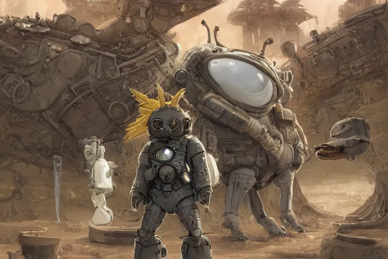 Image similar to anthropomorphic rodent with white and black ancestral ornate japanese tactical gear on an abandonment desert planet, high intricate details, long shot, rule of thirds, golden ratio, graphic novel by fiona staples and dustin nguyen, by beaststars and orange, peter elson, alan bean, studio ghibli, makoto shinkai