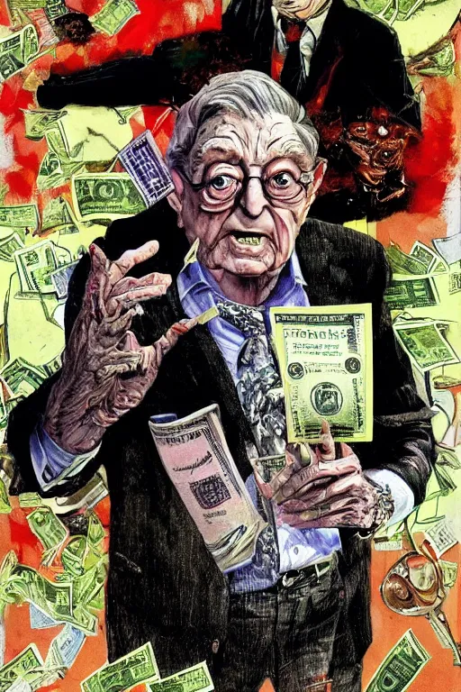 Image similar to George Soros full body shot, dollar bills Body horror, biopunk, by Ralph Steadman, Francis Bacon, Hunter S Thompson