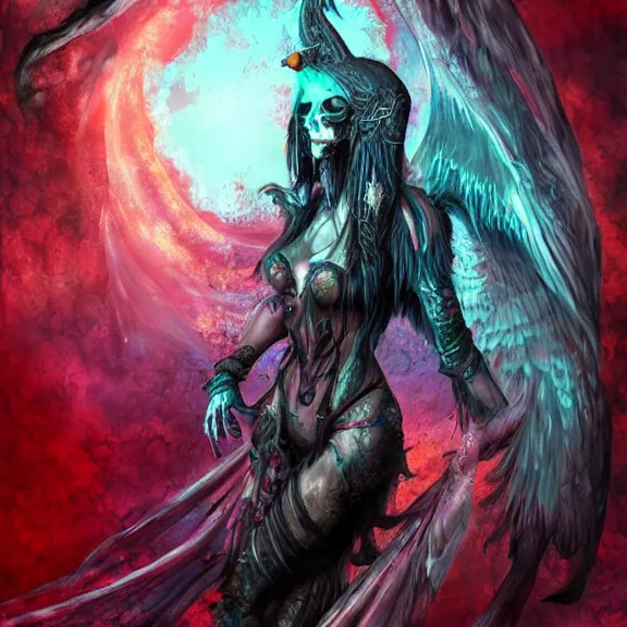 Image similar to Morrigan, cinematic flavor, rich decaying colors!, digital painting, skull liminal void background, a real picture taken by skull