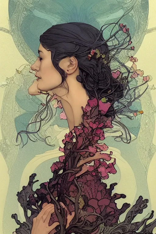 Image similar to profile portrait of a beautiful mysterious woman underwater, hidden hands holding a bouquet of flowers, corals and fish, by eve ventrue, michael carson, andreas rochas, john watkiss, casey weldon, artgerm. art nouveau. tarot card by mucha. gloomhaven. swirly intricate linework background. gaudy colors, sharp edges. octane render