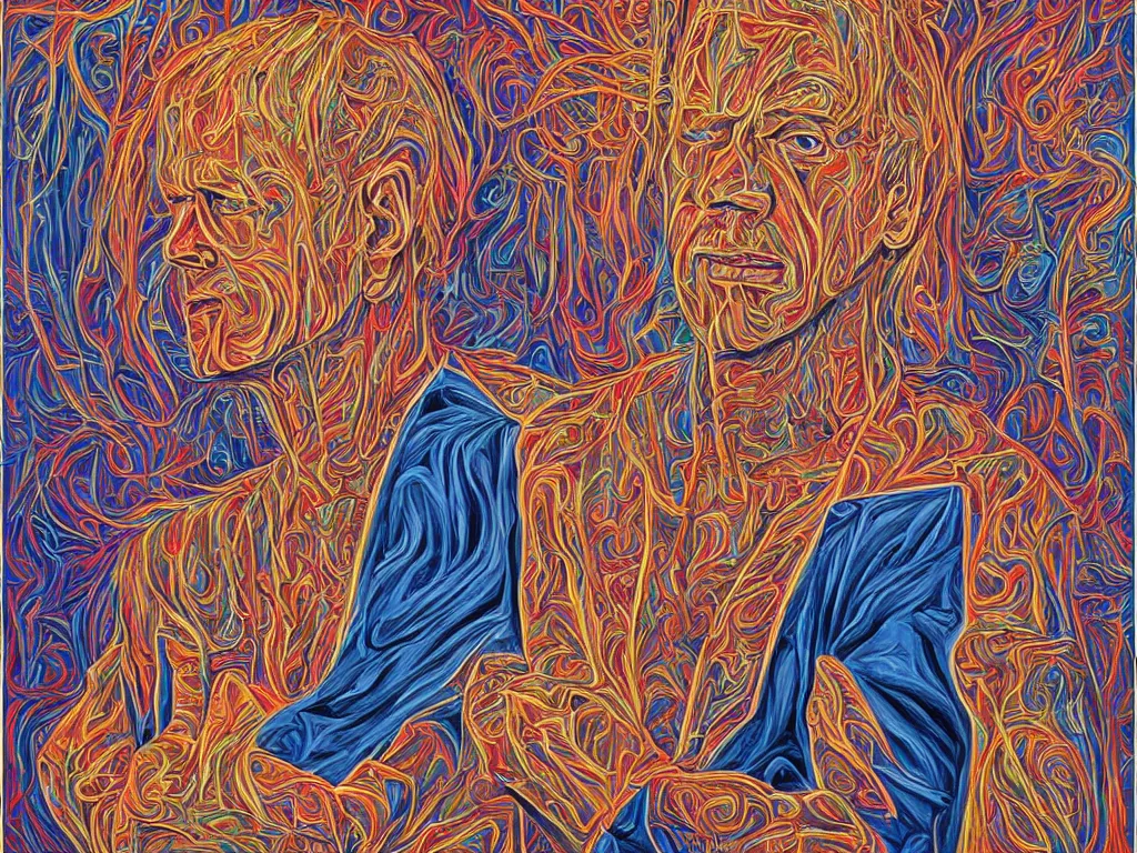 Image similar to portrait of a blonde man in slavic squat. painting by alex grey