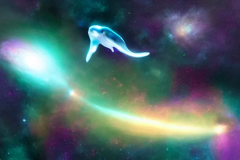 Image similar to a cosmic bioluminescent whale jumping through a space nebula leaving stardust trails behind, digital art, photorealistic