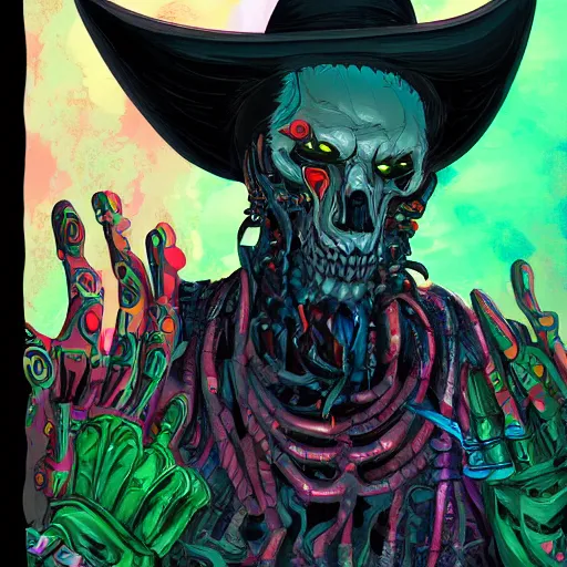Prompt: digital painting of a corrupted eldritch cowboy, hyperdetailed, vibrant colors, comic book style, trending on Artstation