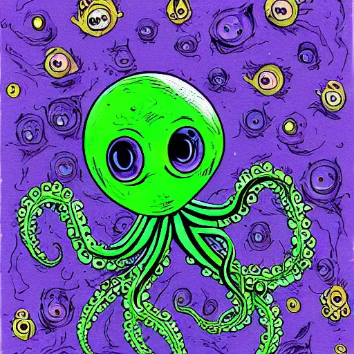 Prompt: cute portrait of alien full body with tentacles on his feet many eyes on his face with his ship destroyed