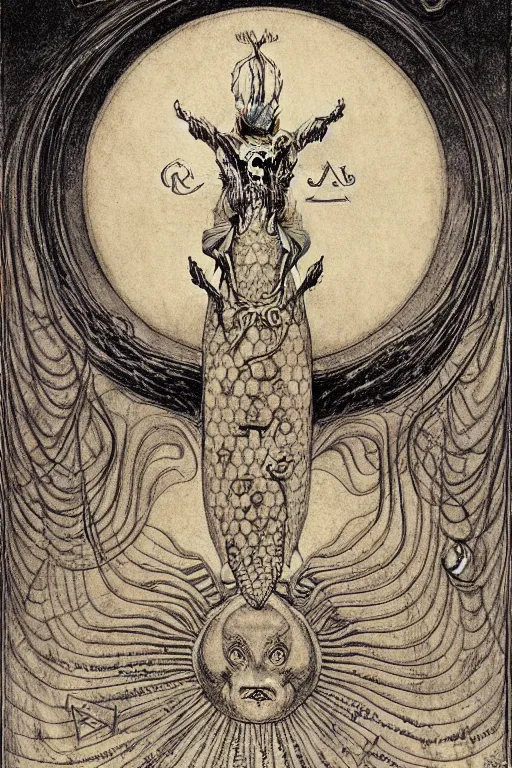 Image similar to occult diagram of happy fish in the style of wayne barlowe, gustav moreau, goward,  Gaston Bussiere and roberto ferri, santiago caruso, and austin osman spare