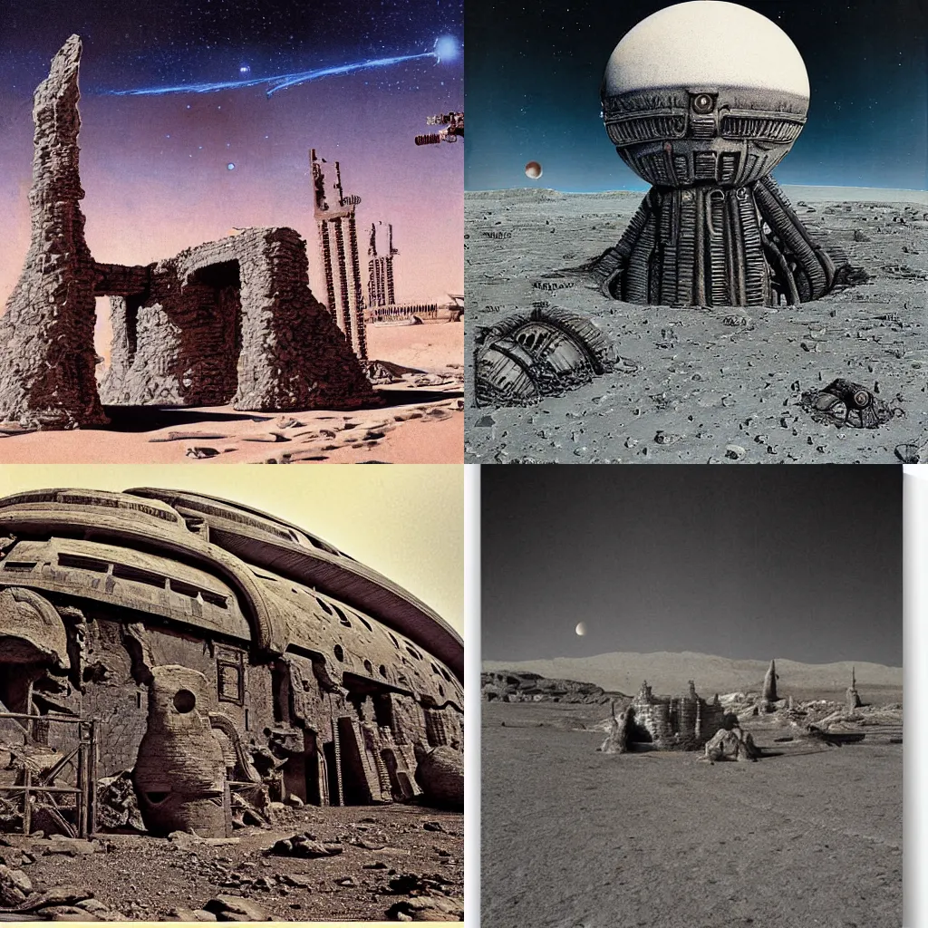 Prompt: space craft ruins on a desert planet by H.R. Giger