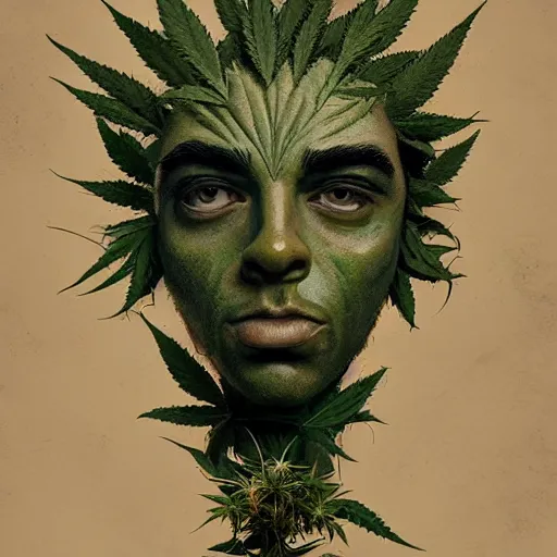 Image similar to a man made of hemp, with a head in the form of a cannabis bloom, like young grut, green skin, character, art by james jean and greg rutkowski!!, realistic face, digital art, chibi style, golden ratio, perfect composition, trending on artstation, 8 k