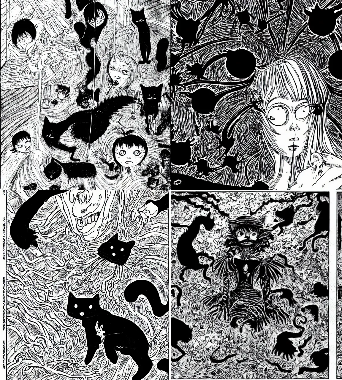 Prompt: huge black cat, junji ito, manga, panel