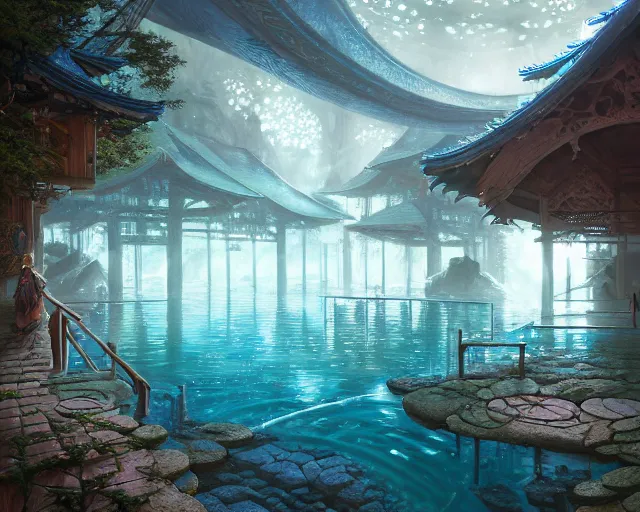 Prompt: highly detailed picture of an onsen, stephen bliss, unreal engine, fantasy art by greg rutkowski, loish, rhads, ferdinand knab, makoto shinkai and lois van baarle, ilya kuvshinov, rossdraws, tom bagshaw, global illumination, radiant light, detailed and intricate environment