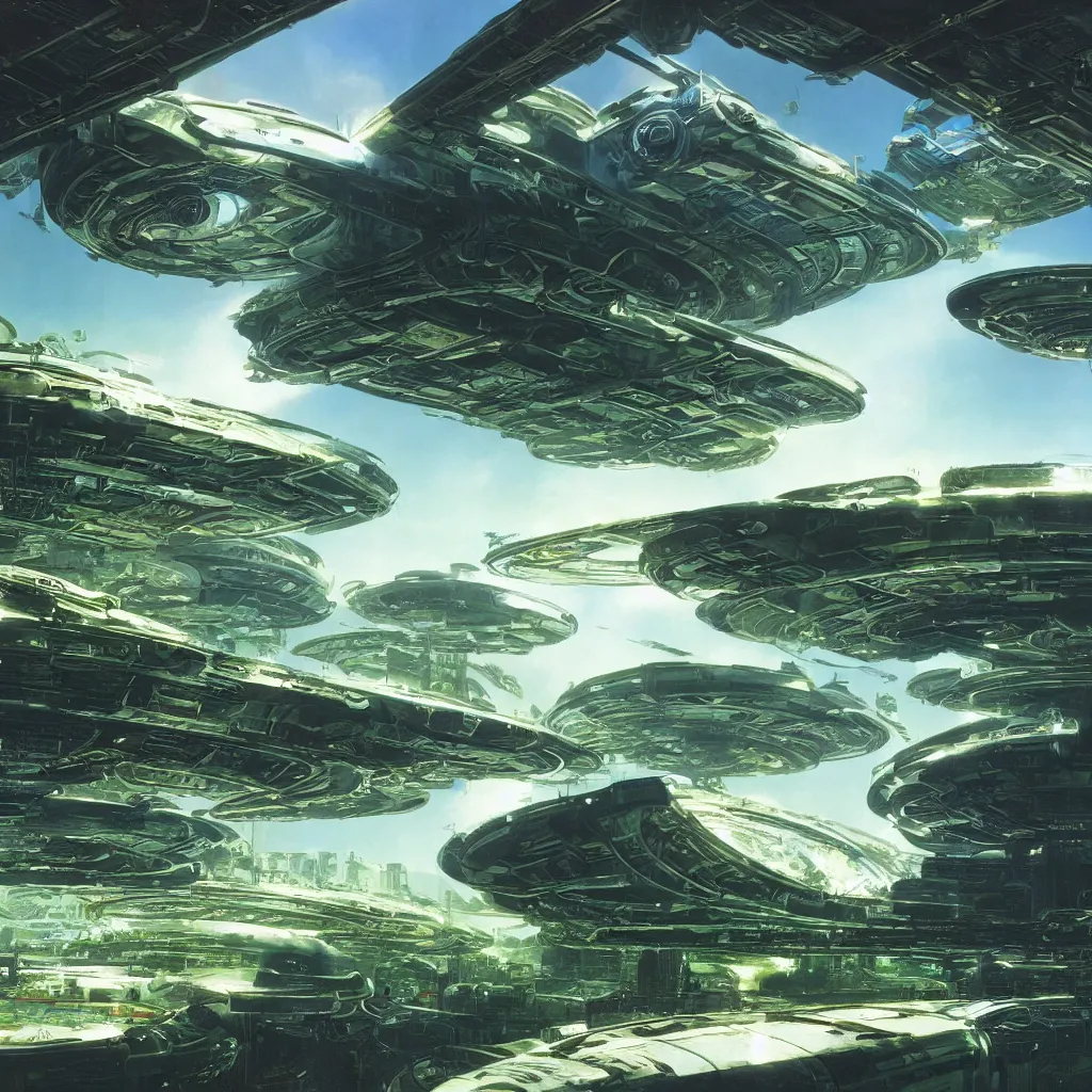 Prompt: beautiful matte painting of green gardens with roads on a sci-fi space station, cinematic angle, cinematic lighting, blue sky, by Syd Mead, John Harris, Federico Pelat