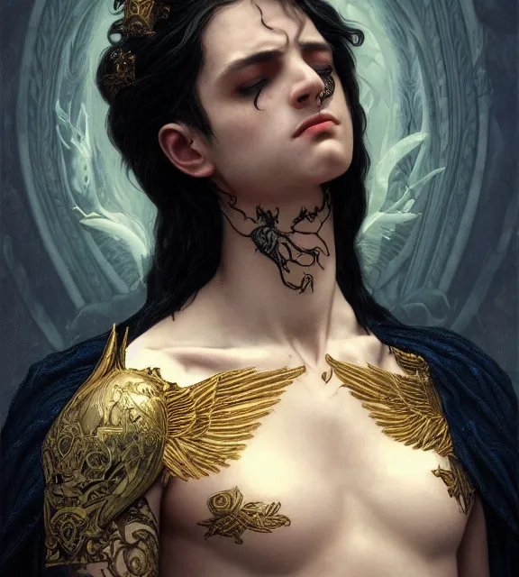 Image similar to god of death, young man, in the underworld, elegant dark blue dress, very detailed, throne, very intricate details, jewelry, gold line tattoos, elaborate long black hairstyle, wings, cinematic, artstation, william bouguereau, alphonse mucha, greg rutkowski, rossdraws, octane render