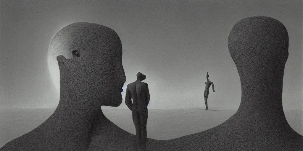 Prompt: man staring into infinity, surrealist art in the style of Salvador Dali and Zdzisław Beksiński, highly detailed, trending on wikiart