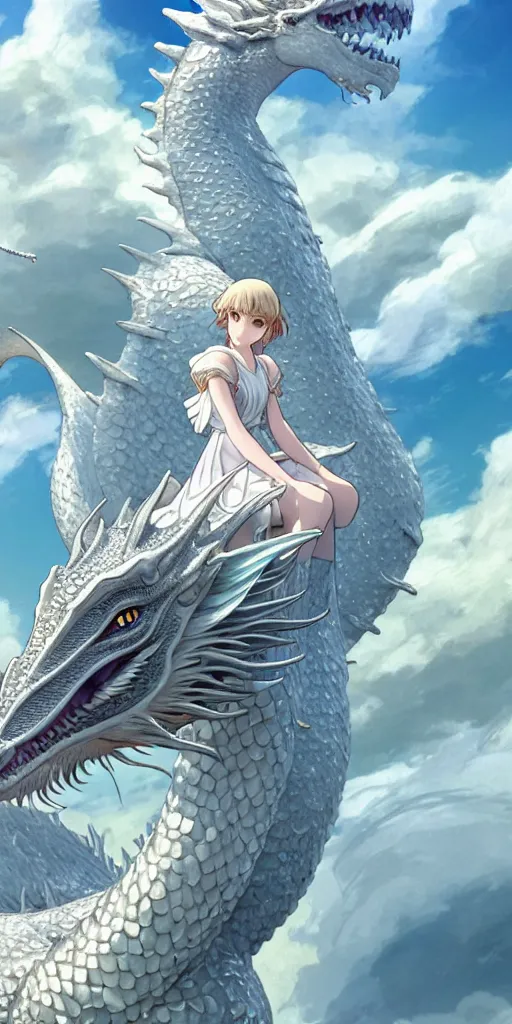 Image similar to the beautiful hyper detailed scene render that a beautiful princess sitting on the back of a huge silver white dragon alone in the fairyland surrounded by white clouds, finely detailed angelic face delicate features, style of studio ghibli, makoto shinkai, raphael lacoste, louis comfort tiffany, artgerm, james jean, ross tran, animation style, hd, ultra wide angle