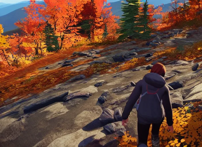 Image similar to friends hiking franconia ridge new hampshire in autumn, life is strange ps 3 gameplay ( 2 0 1 5 ), unreal engine