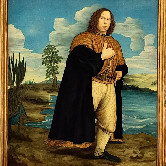 Prompt: hurley from tv show lost, early netherlandish painting