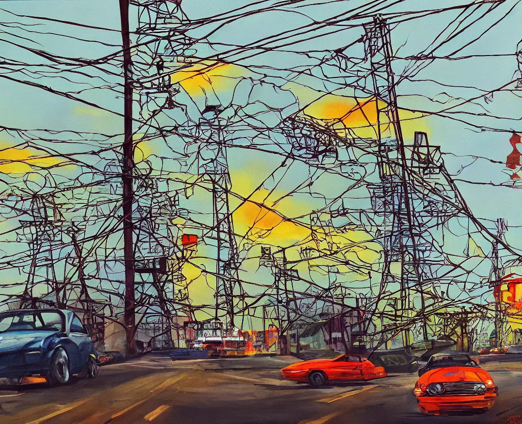 Prompt: a surreal painting of a frightened car being menaced by high - tension wires, saturated color scheme