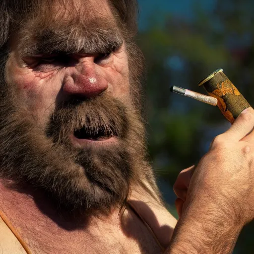 Prompt: photo of ancient caveman shotgunning a beer can, high detail, ultra realistic, 4k UHD, pristine