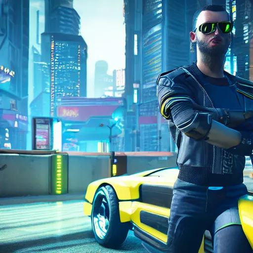 Image similar to Cyberpunk 2077 yellow jacket, concept art, unreal engine, 4k render, global illumination, blender, cycles