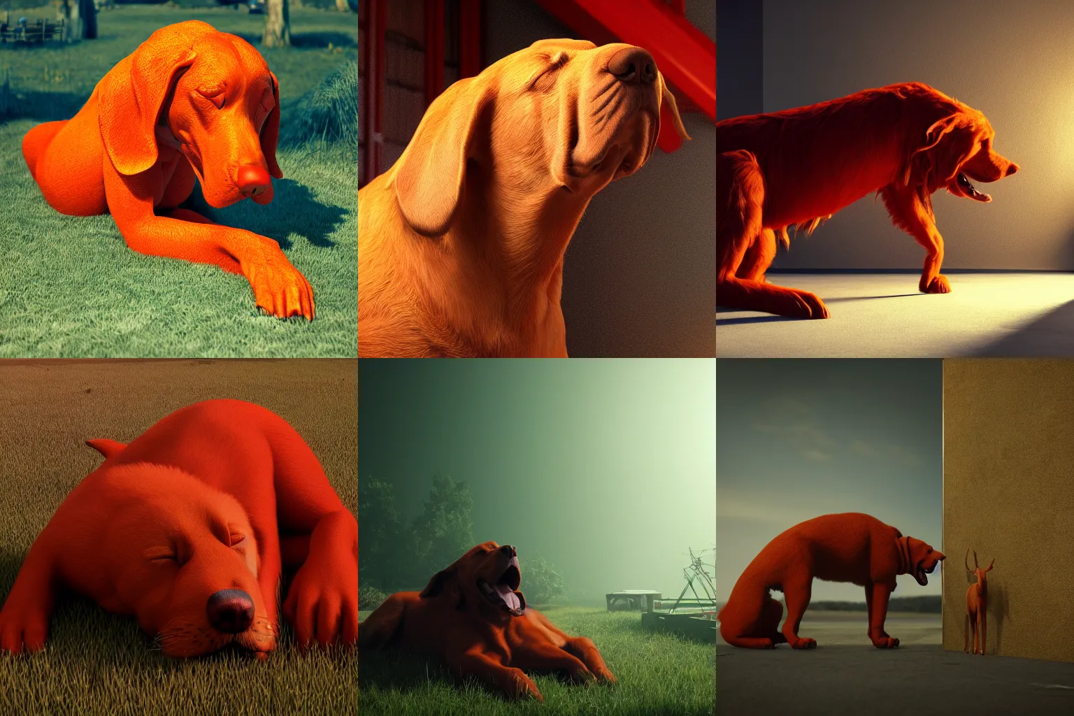 Prompt: a giant red dog the size of an house, sleeping, golden ratio, cinematic, trending on artstation, deviantart and cgsociety, high resolution, industrial lighting, photorealistic, octane render, 8 k, depth of field, 3 d