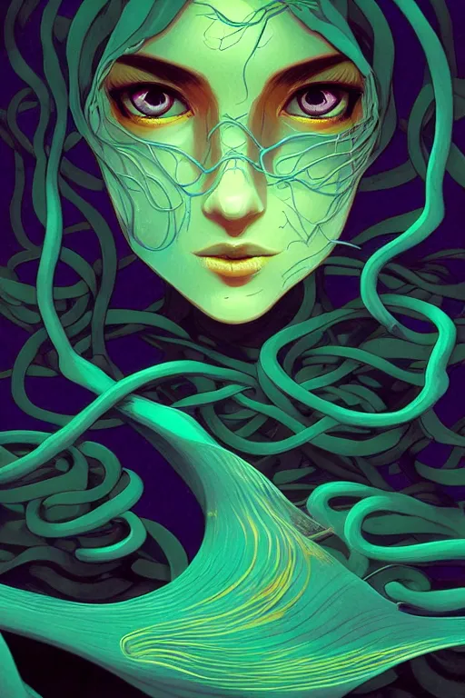 Image similar to 👁👩🏾🌊👾, phantom, dreary, dramatic, fluid, golden ratio, artstation, moebius + loish, hd, long vines,