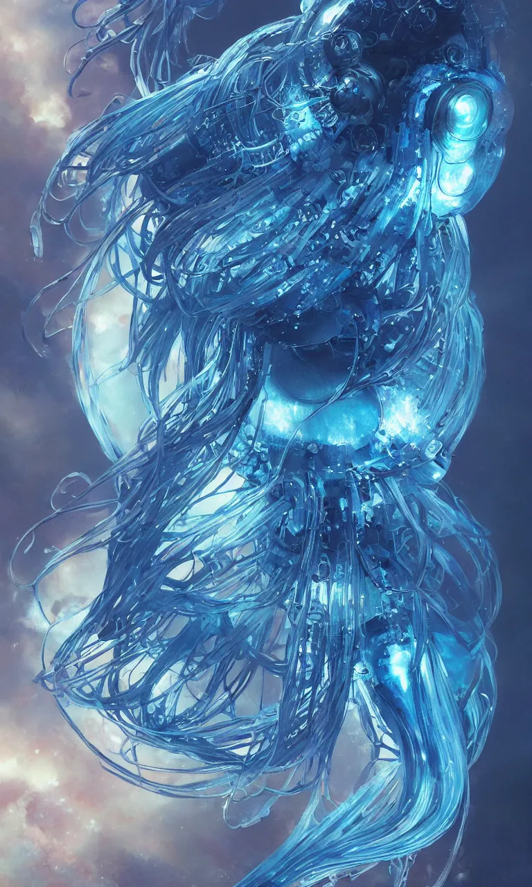 Image similar to Panorama hyper detailed painting of a cyberpunk jellyfish, blue tones, underwater, 8 mm, highly detailed, digital painting, artstation, concept art, smooth, sharp focus, illustration, art by artgerm and greg rutkowski and alphonse mucha