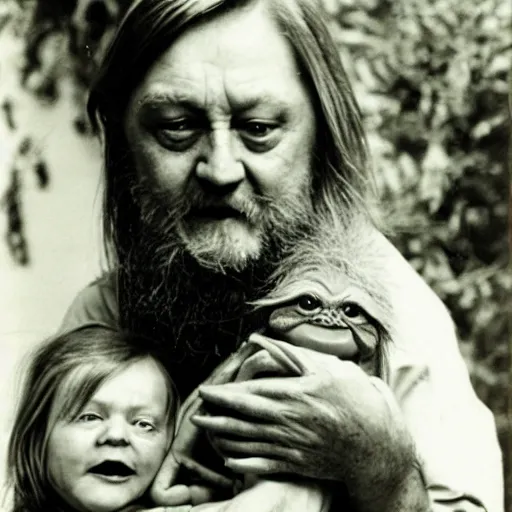 Image similar to robert wyatt cradling an angry gremlin like a baby, photograph