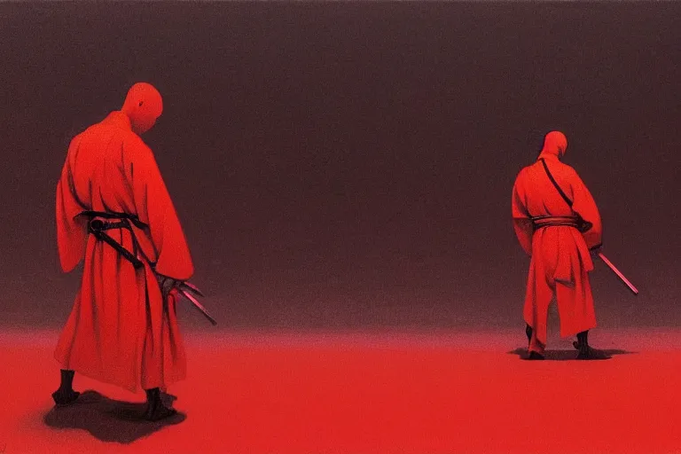 Image similar to only with red, a red samurai harakiri, tokio, a lot of frogs watch, in the style of beksinski, parts by edward hopper, parts by rodcenko, parts by yue minjun, intricate and epic composition, red by caravaggio, insanely quality, highly detailed, masterpiece, red light, artstation, 4 k