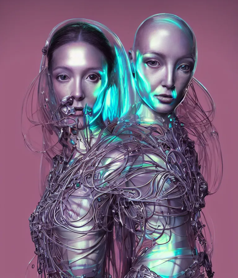 Prompt: fully symmetrical centered iridescent portrait of a beautiful princess in robe. artificial muscles, ribcage, bones, hard surface modelling. cyberpunk look. biomechanical mask. bio luminescent biomechanical halo around head. jellyfish. artwork by jarold Sng by artgerm, by Eddie Mendoza, by Peter mohrbacher by tooth wu, unreal engine, octane render, cinematic light, high details, iridescent colors, dichroic, macro, depth of field, blur