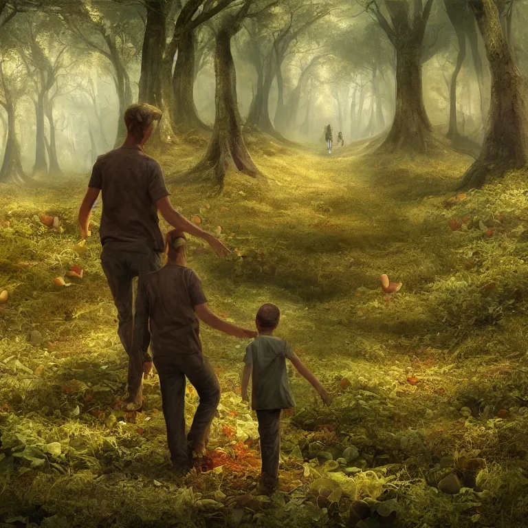 Image similar to a painting of a man and a child walking through a huge mushroom forest, a detailed matte painting by julian allen, cgsociety, fantasy art, matte painting, concept art, daz 3 d