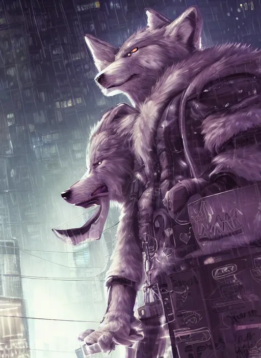 Prompt: character portrait of a male muscular anthro wolf fursona with a tail and a cute beautiful attractive detailed furry face wearing stylish cyberpunk clothes in a cyberpunk city at night while it rains. hidari, color page, tankoban, 4K, tone mapping, Akihiko Yoshida. Nomax, Kenket, Rukis, Falvie.